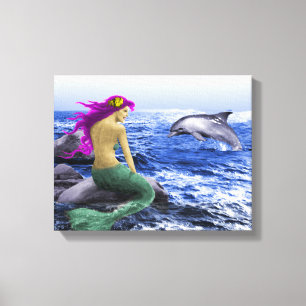 Mermaid en Dolphin Canvas Afdruk