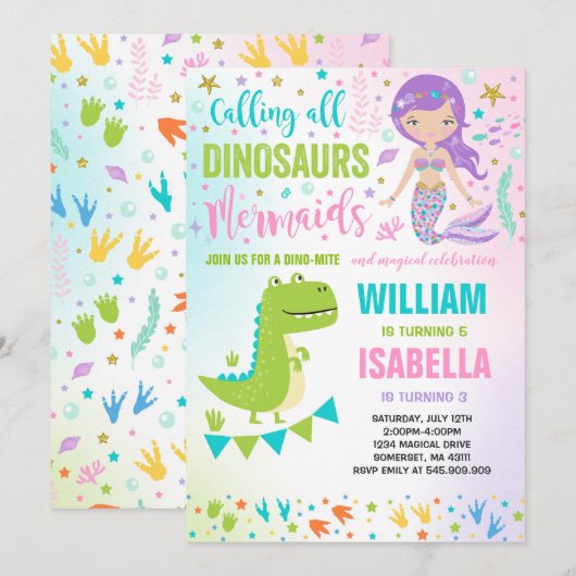 Mermaid Et Dinosaur Invitation Magique (Devant / Derrière)