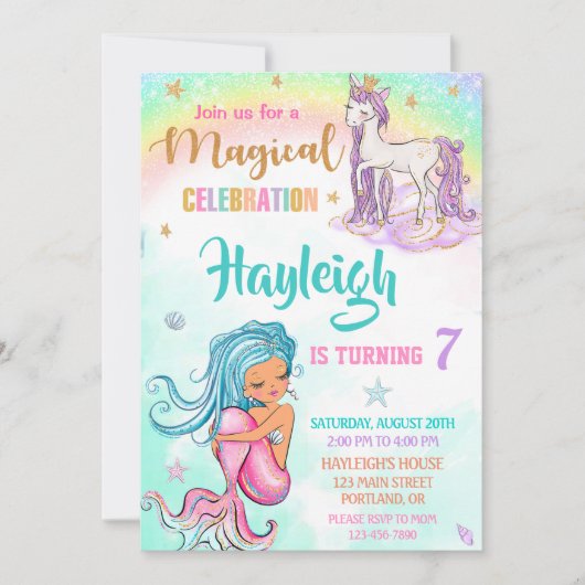 Mermaid et Unicorn invitation anniversaire Fille f (Devant)