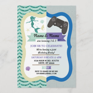 Mermaid & Gaming Joint Boy girl Birthday Invites Kaart