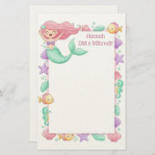 Mermaid gepersonaliseerde mitswa noot briefpapier (Voorkant / Achterkant)