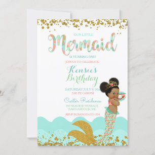 Mermaid Girl African American Girl Peach Mint Gold Kaart