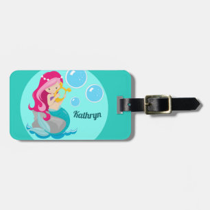 Mermaid Girl Cute Custom Blauwgroen Monogram Kinde Bagagelabel