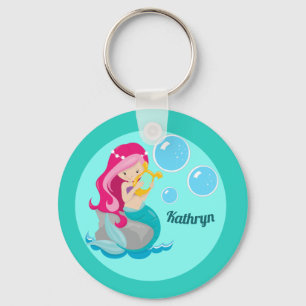 Mermaid Girl Cute Custom Blauwgroen Monogram Kinde Sleutelhanger