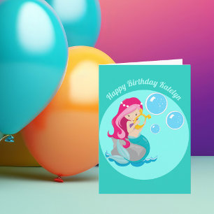 Mermaid Girl Cute Custom Childrens Birthday Kaart