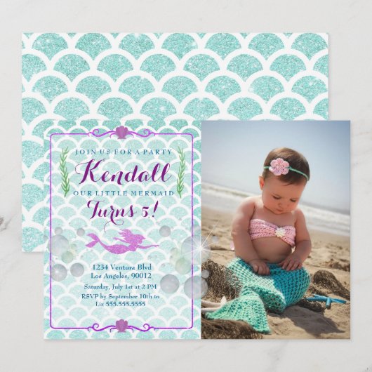 Mermaid Girl's Birthday Party Fotouitnodiging Kaart (Voorkant / Achterkant)
