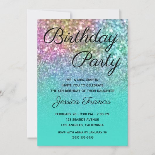 Mermaid Glitter Turquoise Ombre Birthday Party Kaart (Voorkant)