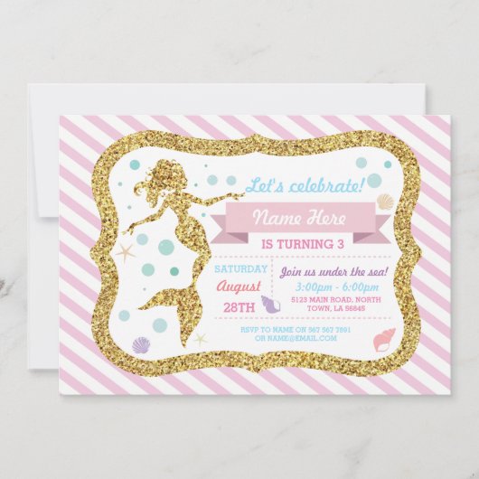 Mermaid Gold Glitter Pink Stripe Uitnodiging (Voorkant)