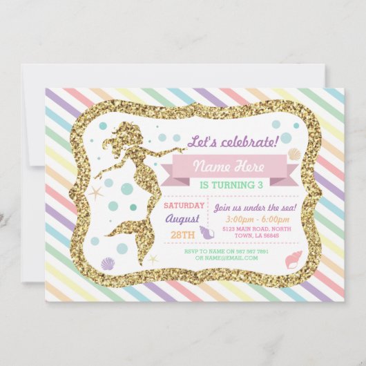 Mermaid Gold Glitter Rainbow Stripe Uitnodiging (Voorkant)