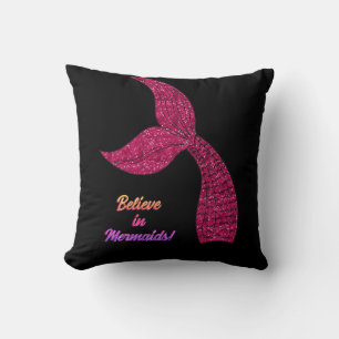 Mermaid Hot Pink Black Geloof in mermaids Quote Kussen
