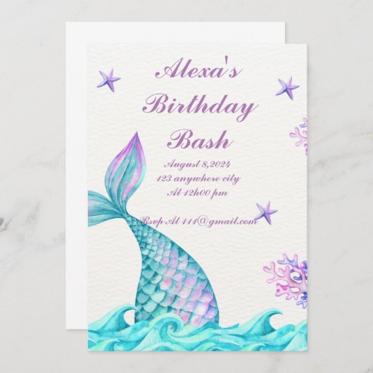MERMAID INVITATION D'ANNIVERSAIRE (Devant / Derrière)
