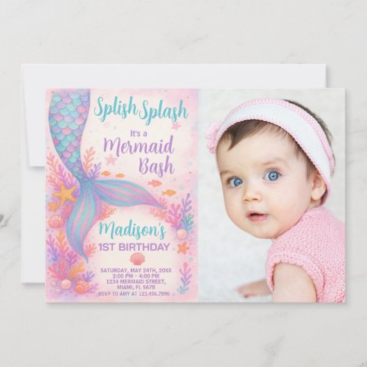 Mermaid Invitation d'anniversaire avec photo (Devant)