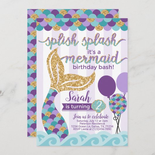 Mermaid Invitation de fête d'anniversaire (Devant / Derrière)