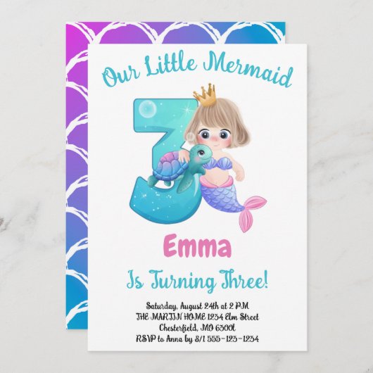 Mermaid Invitation de fête du 3e anniversaire (Devant / Derrière)