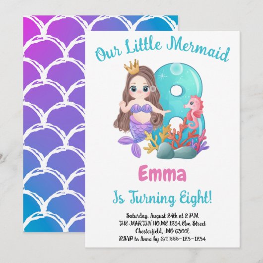 Mermaid Invitation de fête du 8e anniversaire (Devant / Derrière)