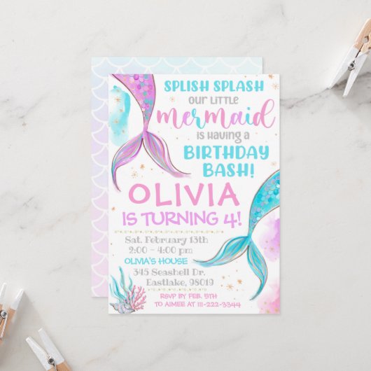 Mermaid Invitation Mermaid Birthday Invitation Kaart (Voorkant / Achterkant in situ)