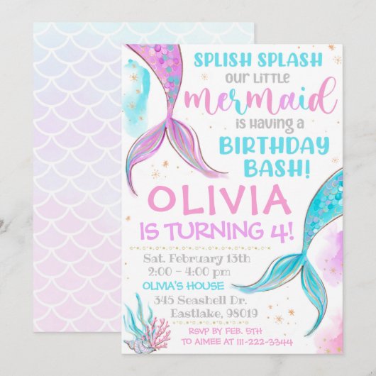 Mermaid Invitation Mermaid Birthday Invitation Kaart (Voorkant / Achterkant)