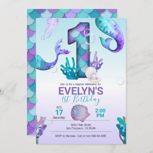 Mermaid Invitation w/Mermaid Tail Kaart (Voorkant / Achterkant)