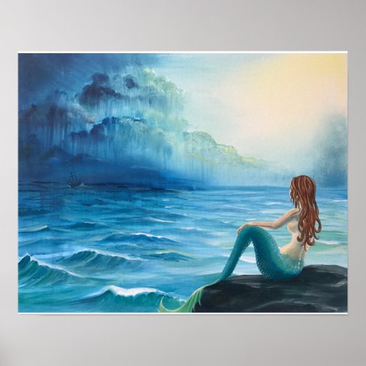 Mermaid Keeping Watch over Ship in Stormy Zee Poster (Voorkant)