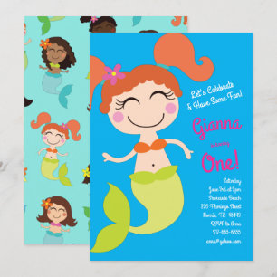 Mermaid Kids Birthday Red Hair Kaart
