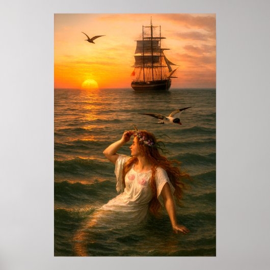 Mermaid Looking At Sailing Ship At Sunset Poster (Voorkant)