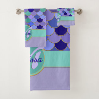 Mermaid Monogram + Naam | Aqua Blauwgroen Paars bl Bad Handdoek