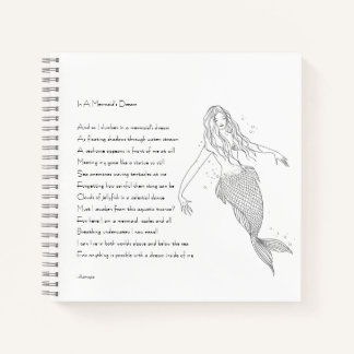 Mermaid notebook met gedicht "in een droom van een notitieboek