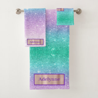 Mermaid Ombre Glitter Custom Name Bath Set Bad Handdoek