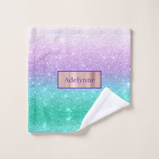 Mermaid Ombre Glitter Custom Name Bath Set Bad Handdoek (Wasdoekje)