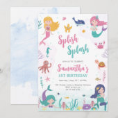 Mermaid Oneder The Sea 1st Birthday Invitation (Devant / Derrière)