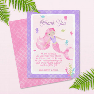Mermaid Paars Pink Waterverf Baby shower Bedankkaart