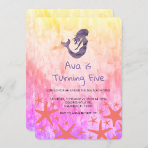 Mermaid Paars Starfish Birthday Invitation Kaart