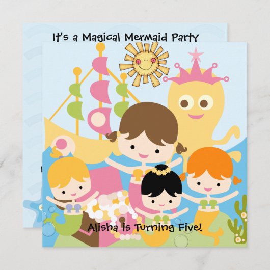 Mermaid Party Gepersonaliseerd Birthday-uitnodigin Kaart (Voorkant / Achterkant)