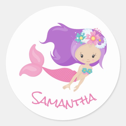 Mermaid Party Paars Ronde Sticker (Voorkant)