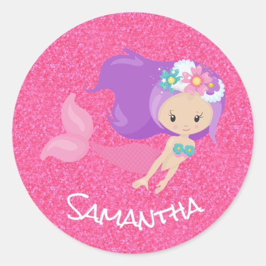 Mermaid Party Pink Glitter Ronde Sticker (Voorkant)