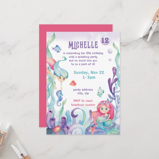 Mermaid Pastel Aquarelle Anniversaire Invitation (Devant/Arrière en situation)