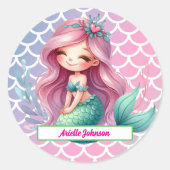 Mermaid patroon aangepaste naam ronde sticker (Voorkant)
