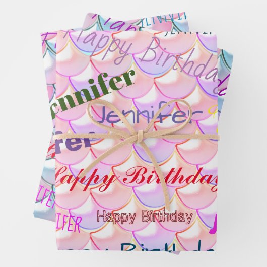 Mermaid Pattern Birthday Girly Custom Name Roze Inpakpapier Vel (In situ)