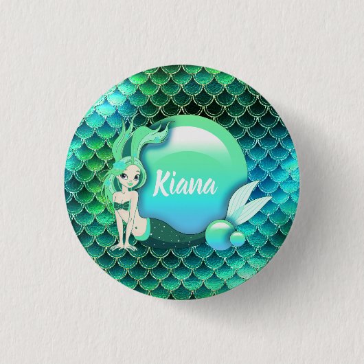 Mermaid Pearls en Scales Monogram Green ID600 Ronde Button 3,2 Cm (Voorkant)