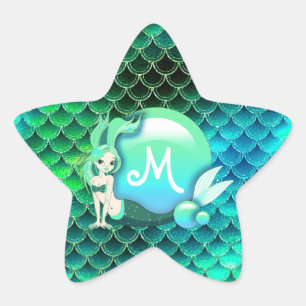 Mermaid Pearls en Scales Monogram Green ID600 Ster Sticker
