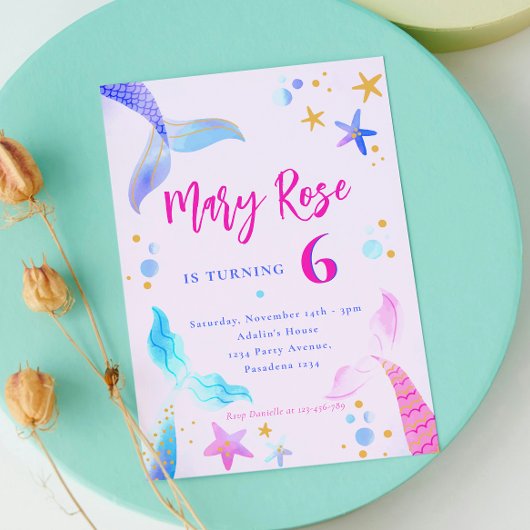 Mermaid Pink Blue Anniversaire Fête Invitation
