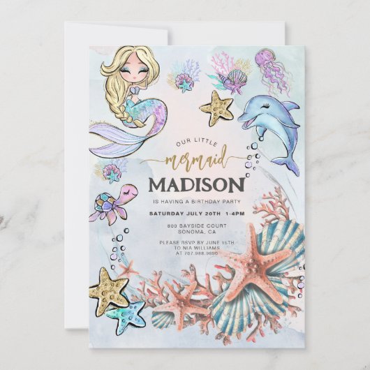 Mermaid Pink Blue Invitation Anniversaire (Devant)