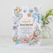 Mermaid Pink Blue Invitation Anniversaire (Debout devant)