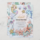 Mermaid Pink Blue Invitation Anniversaire (Devant / Derrière)