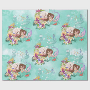 Mermaid Pink Dark Hair Seahorse Star Coral Cadeaupapier