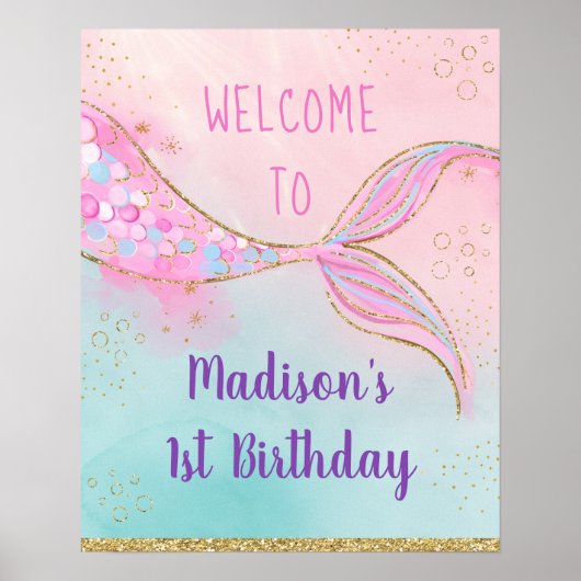 Mermaid Pink Gold Birthday Poster (Voorkant)