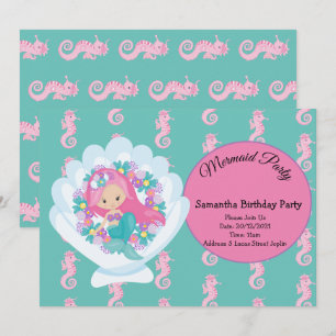 Mermaid Pink Paars Birthday Party Invitation Kaart