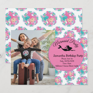 Mermaid Pink Paars Birthday Party Invitation Kaart