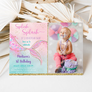 Mermaid Pink Paars First Birthday Kaart
