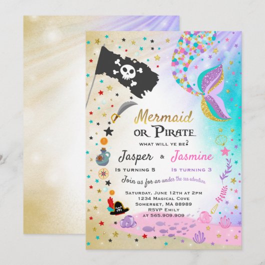 Mermaid Pirate Anniversaire Invitation Fête des fr (Devant / Derrière)